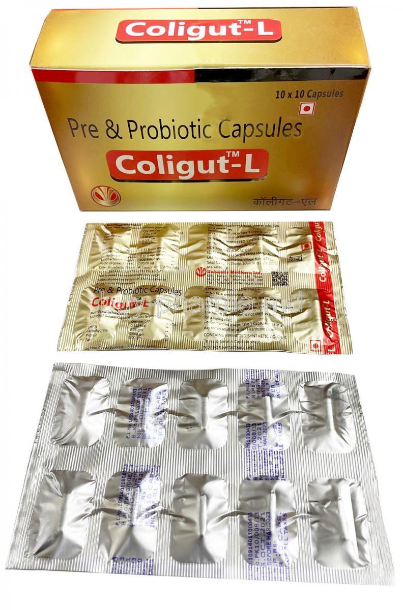Coligut-L,  Prebiotic and Probiotic capsule, Leeford healthcare, Box, sheet information