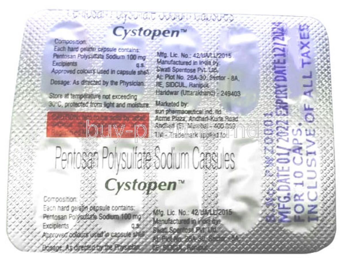 Cystopen, Pentosan Polysulfate Sodium 100 mg, Capsule, Sun Pharma, Blisterpack informatoin