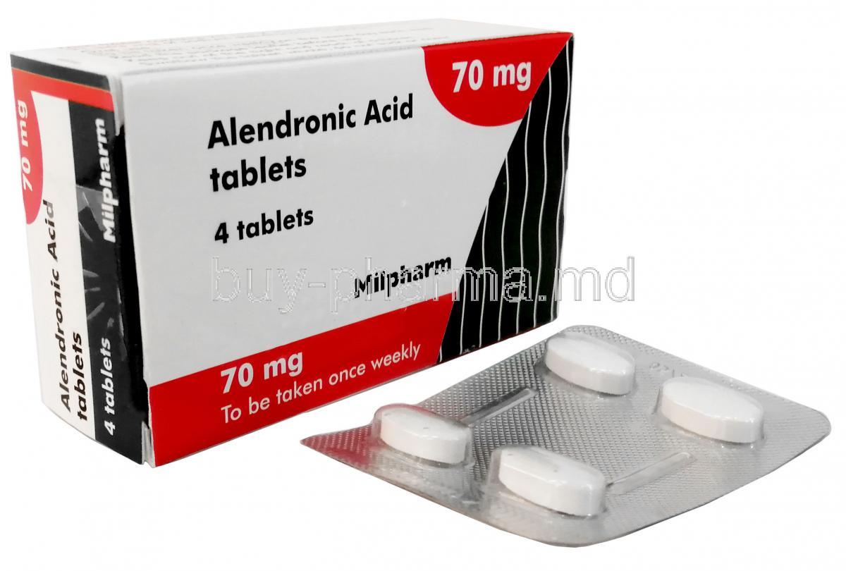 Alendronic Acid 70mg, Milpharm Ltd,Box, Blisterpack