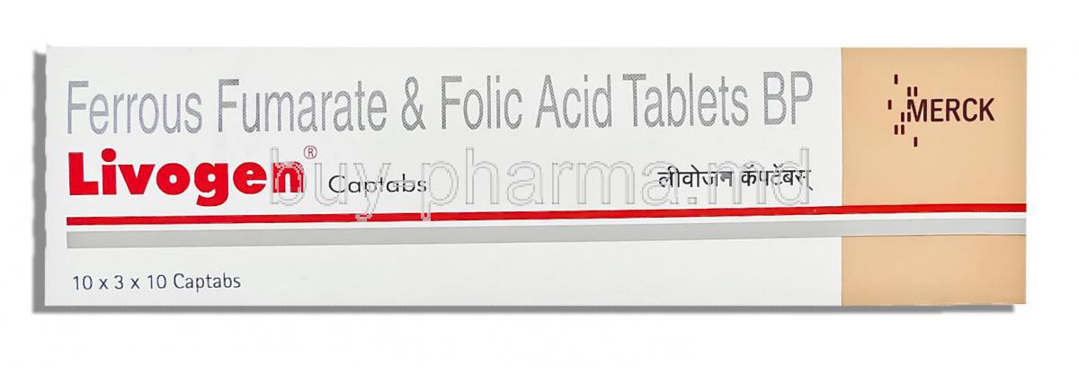 Livogen, Ferrous Fumarate/ Folic Acid  152 Mg, Livogen,  1500 Mcg Tablets (Merck India)