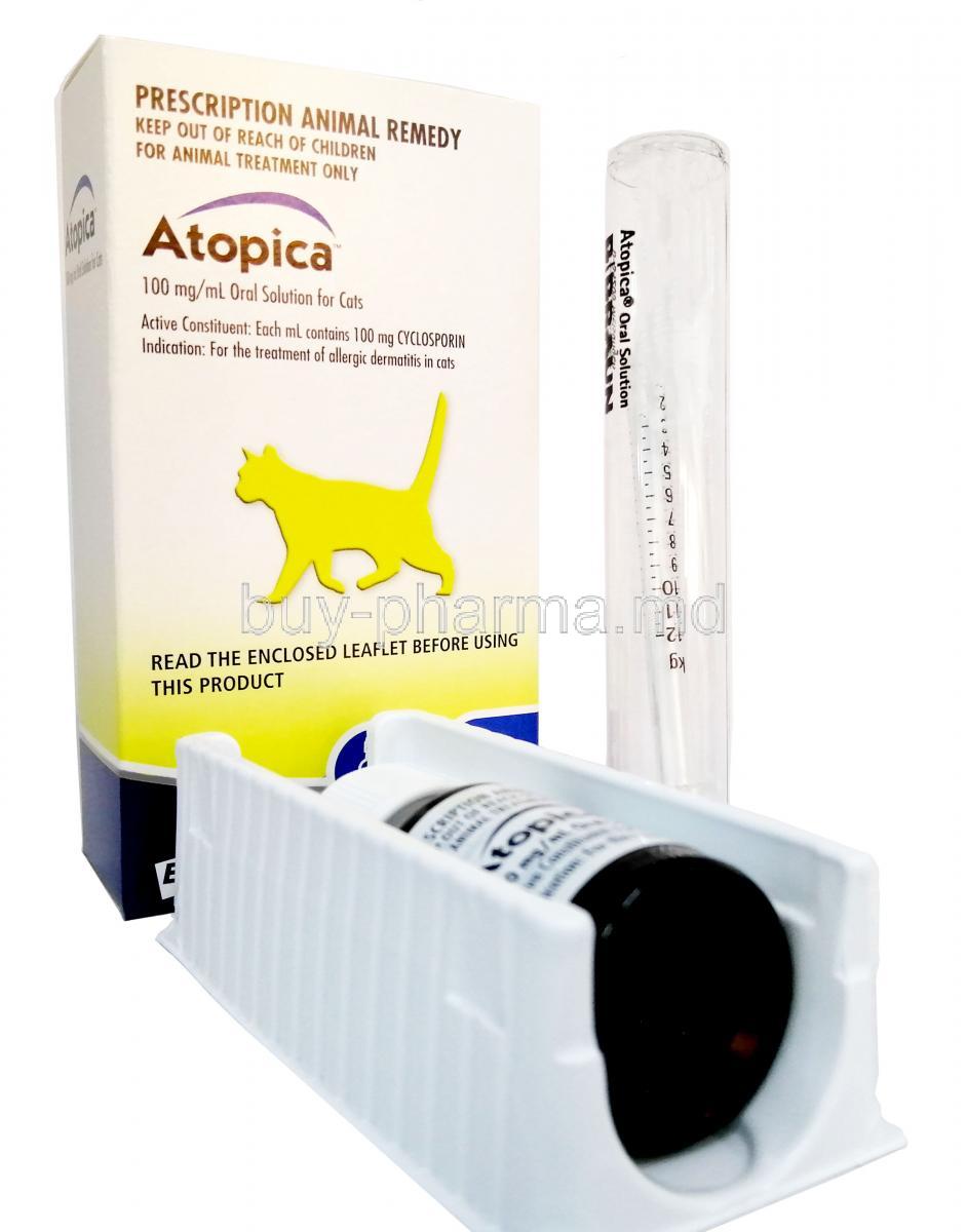 ATOPICA Oral Solution for Cats, Cyclosporine 100mg per ml, Oral Solution for Cats 17ml, Elanco Animal Health, Box,Spuit, Bottle