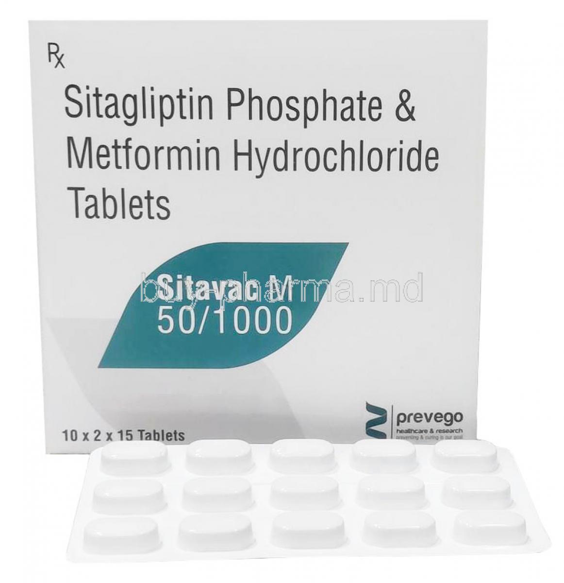 Sitavac M, Sitagliptin 50mg, Metformin 1000mg, 15 Tablets, Prevego Healthcare, Box, Blisterpack