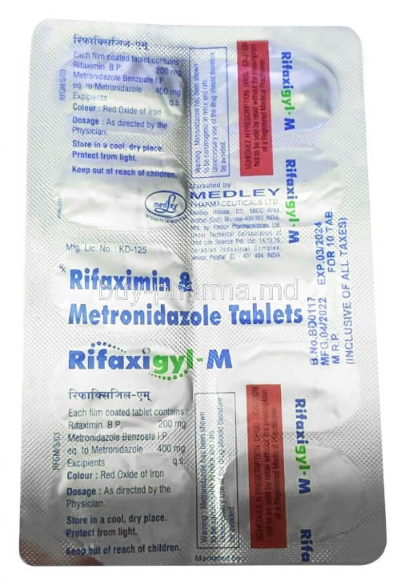 Rifaxigyl-M, Rifampicin 200 mg/ Metronidazole 400 mg, Medley Pharmaceuticals,  Blisterpack information