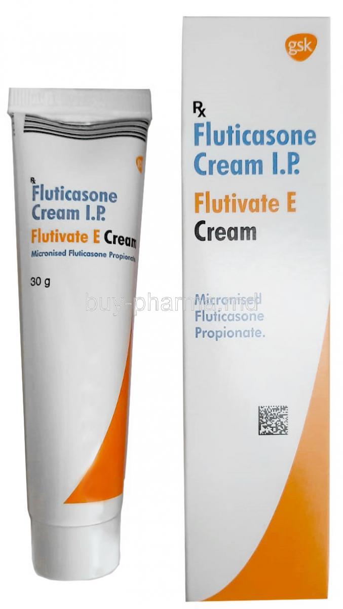 Flutivate E Cream, Fluticasone propionate 0.05%, Cream 30g, GSK, Box, Tube
