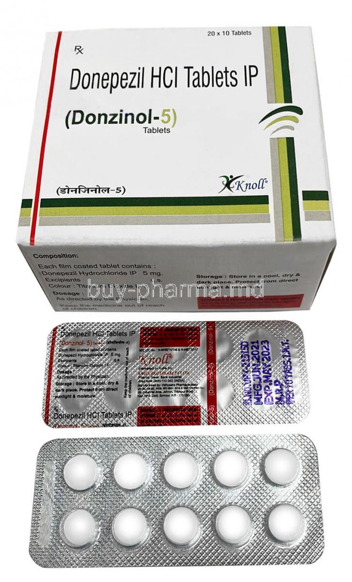 Donzinol, Donepezil 5mg, Knoll Pharmaceuticals Ltd, Box front view,Blisterpack information