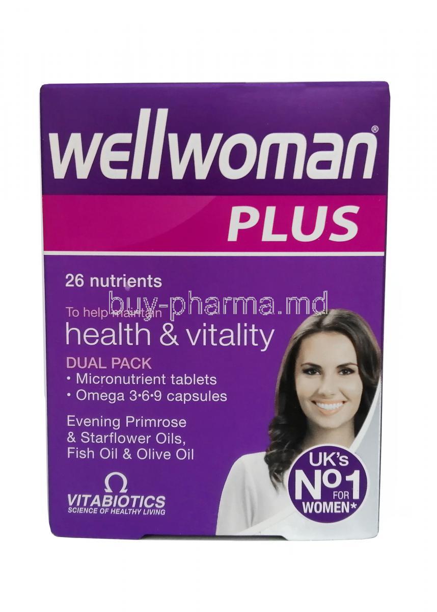 Wellwoman Plus, Omega 3,  Omega 6, Omega 9 and 22 kinds of vitamins, Vitabiotics Ltd, Box front view
