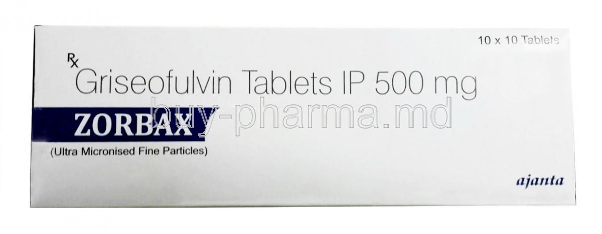 Zorbax, Griseofulvin 500 mg, Ajanta Pharma, Box front view