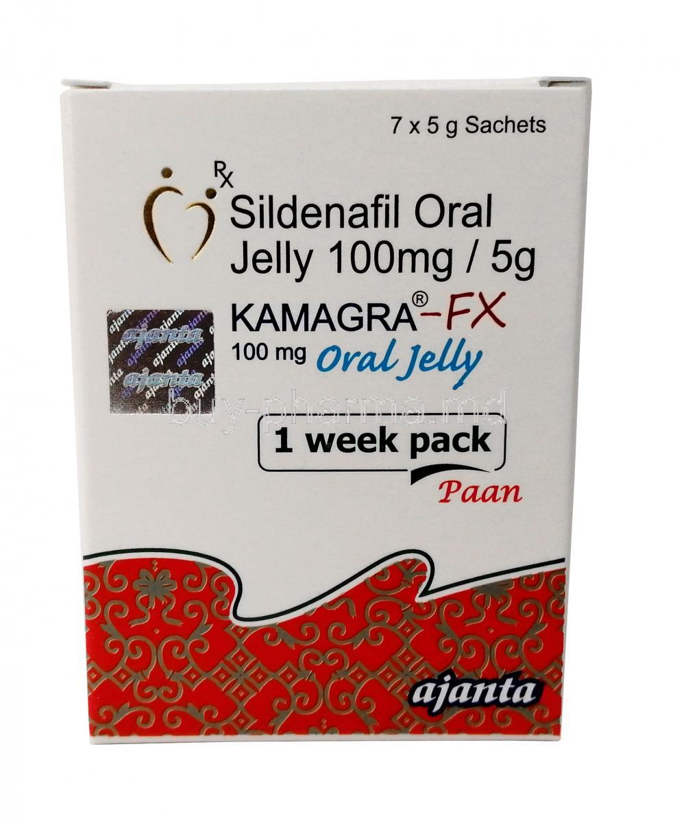 Kamagra FX Oral Jelly, Sildenafil Citrate 100mg, 5g X 7 sachets, Ajanta Pharma Limited, Box front view