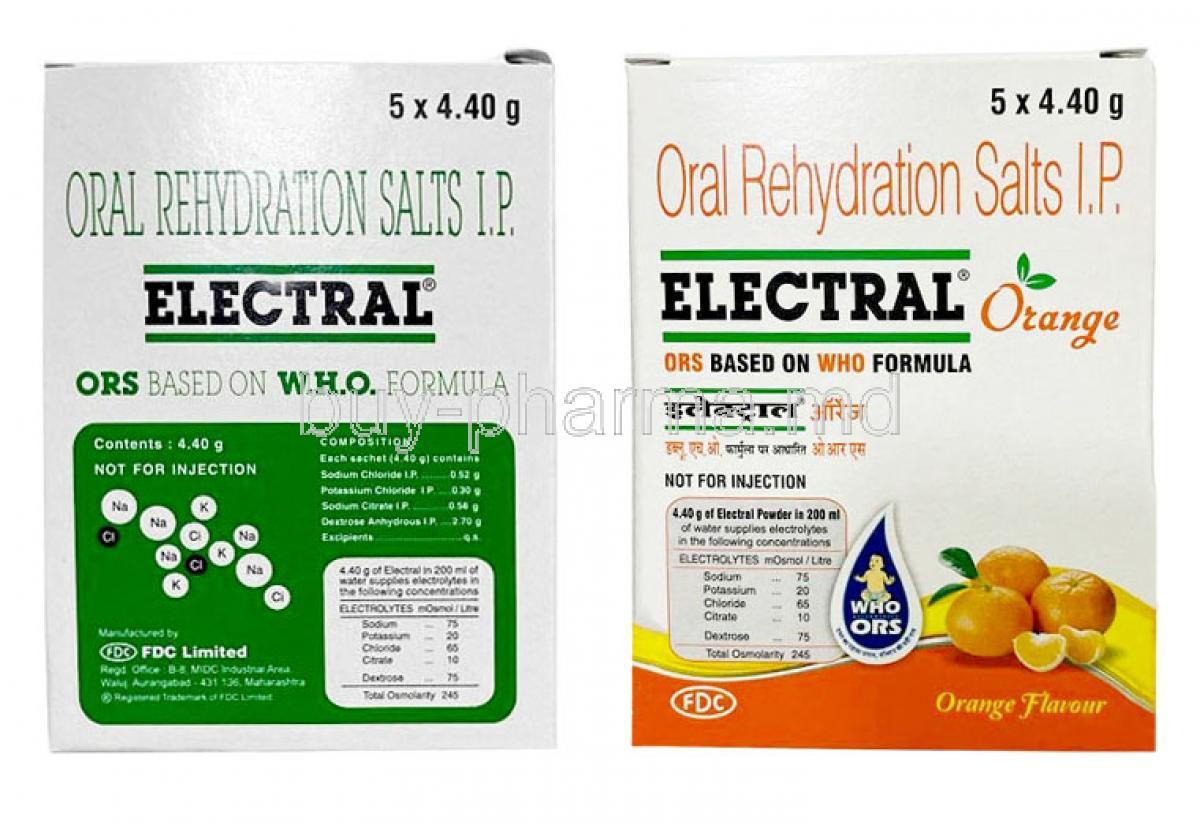 Electral Oral Rehydration Salts Powder 21.8 g per Sachet, Original, Orange Flavour, FDC Ltd, Box