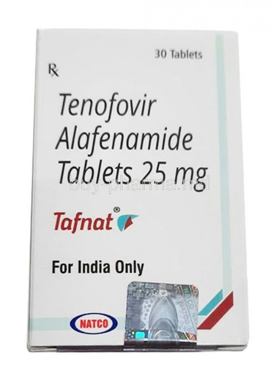 Tafnat, Tenofovir 25 mg, 30 tablets, Natco Pharma, Box front view