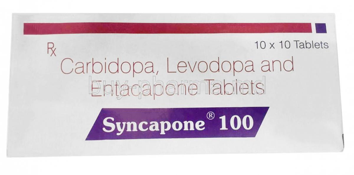 Syncapone 100,Levodopa 100mg/ Carbidopa 25mg/ Entacapone 200mg, Sun Pharma, Box front view
