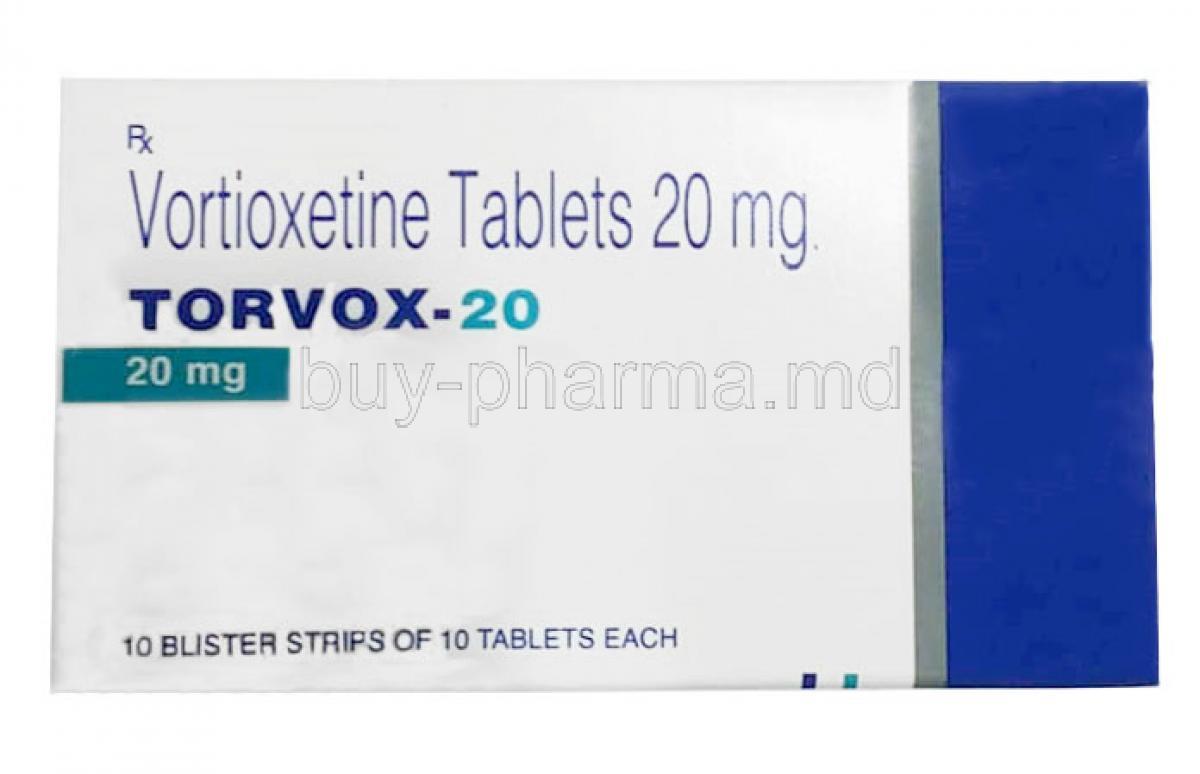 Torvox 20, Vortioxetine 20mg, Torrent Pharma, Box front view