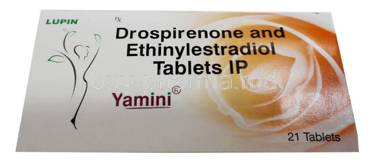 Yamini, Drospirenone 3 mg/ Ethinyl Estradiol 0.03mg, 21tablets, Lupin, Box front view