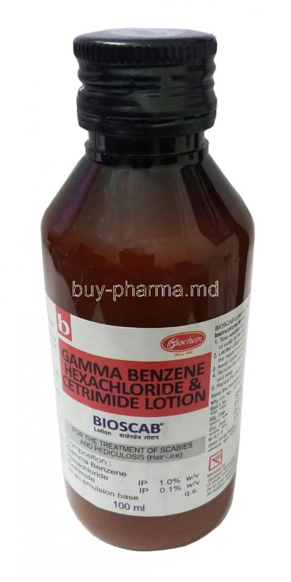 Bioscab Lotion, Gamma Benzene Hexachloride 1%w/v/ Cetrimide 0.1%w/v,Lotion 100mL, Biochem Pharmaceutical Industries, Bottle front view