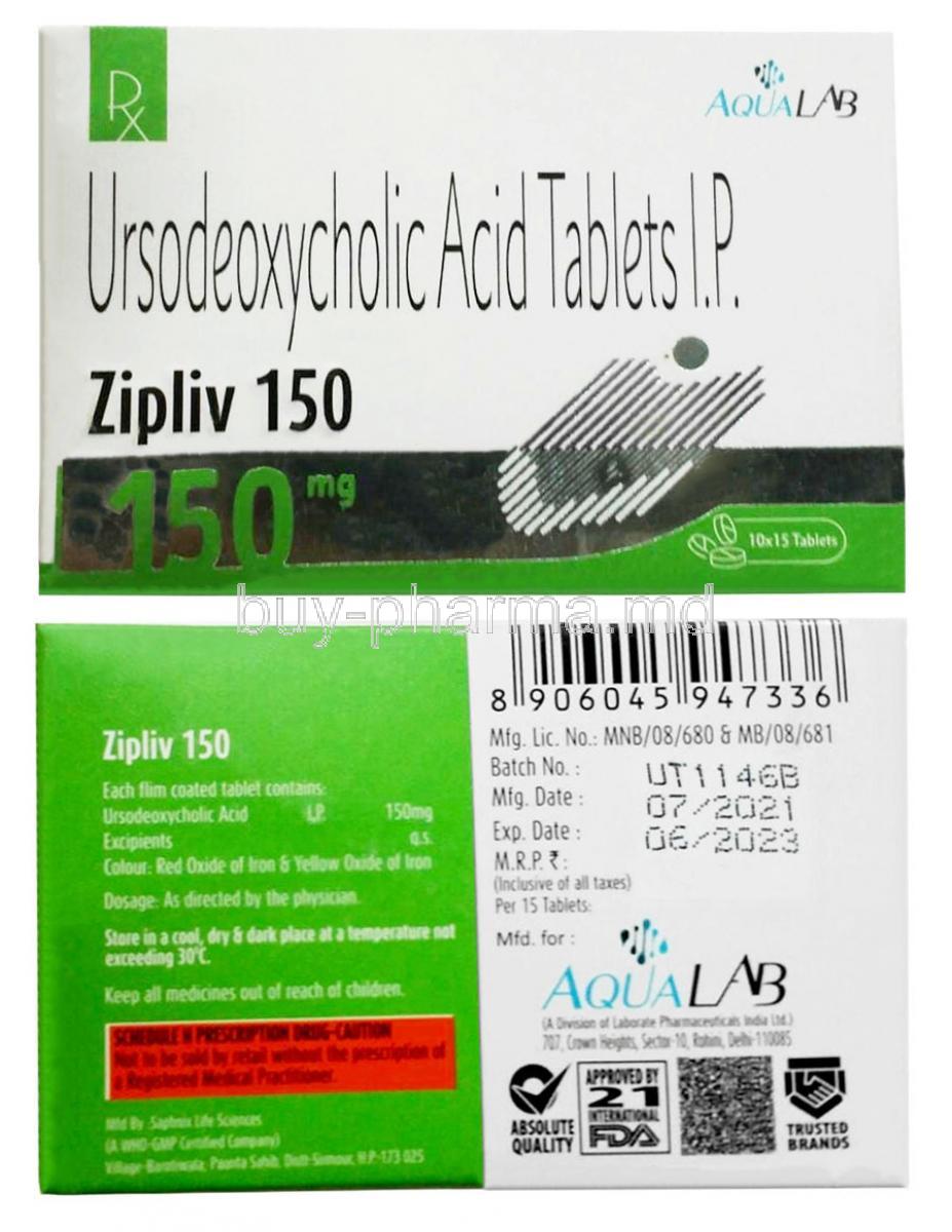 Zipliv, Ursodeoxycholic Acid  150mg, 15tablets, Aqua Lab, Box front view, back view