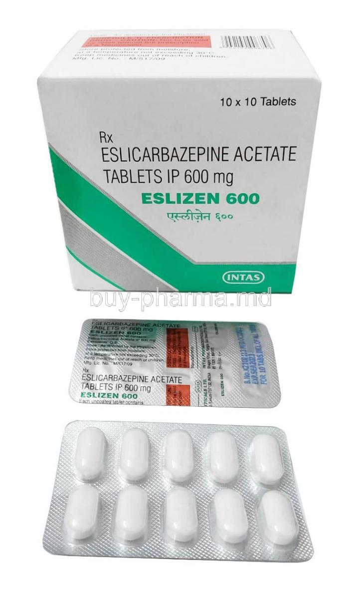 Eslizen 600, Eslicarbazepine 600mg, Intas Pharma, Box front view, Blisterpack front and back view