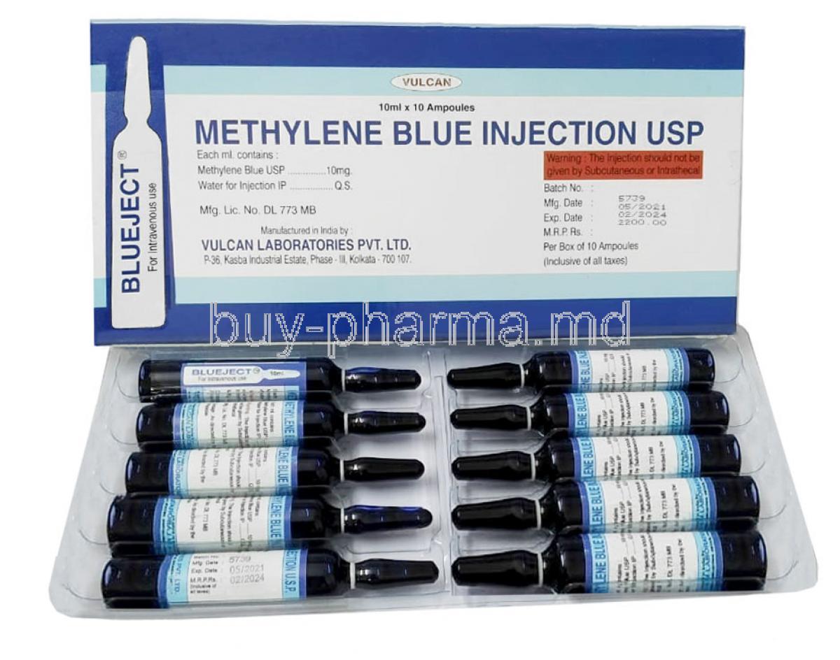 Vulcan Methylene Blue Injection, Methylene Blue 10mg, 10mL Ampoule, Vulcan Laboratories, Box, Ampoules