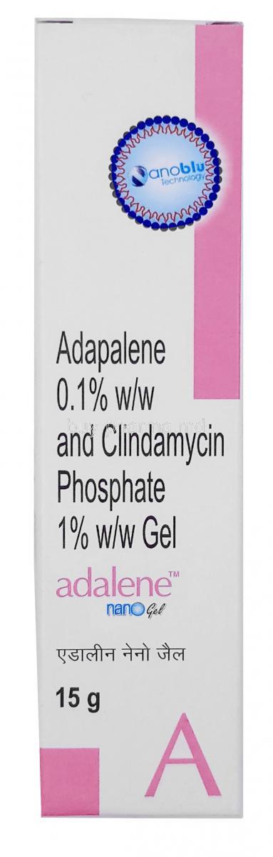 Adalene Nanogel Gel, Adapalene 0.1% w/w/ Clindamycin 1% w/w, Gel 15g,Zydus Cadila, Box front view