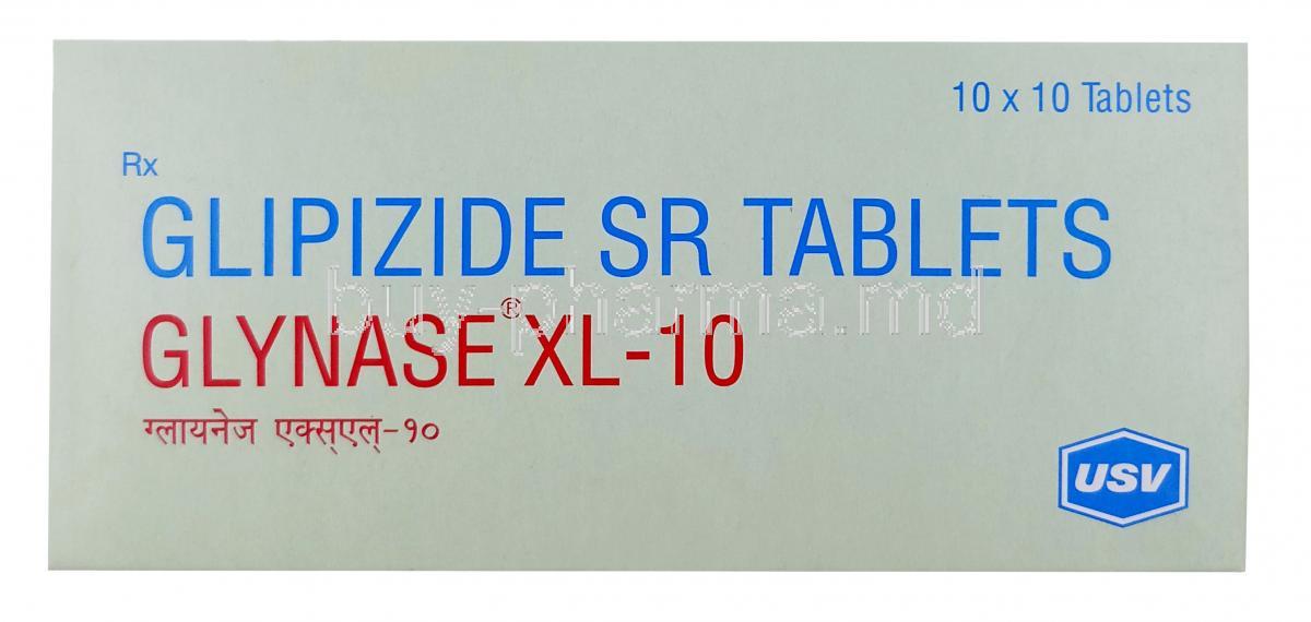Glynase XL-10, Glipizide 10 mg, USV, Box front view