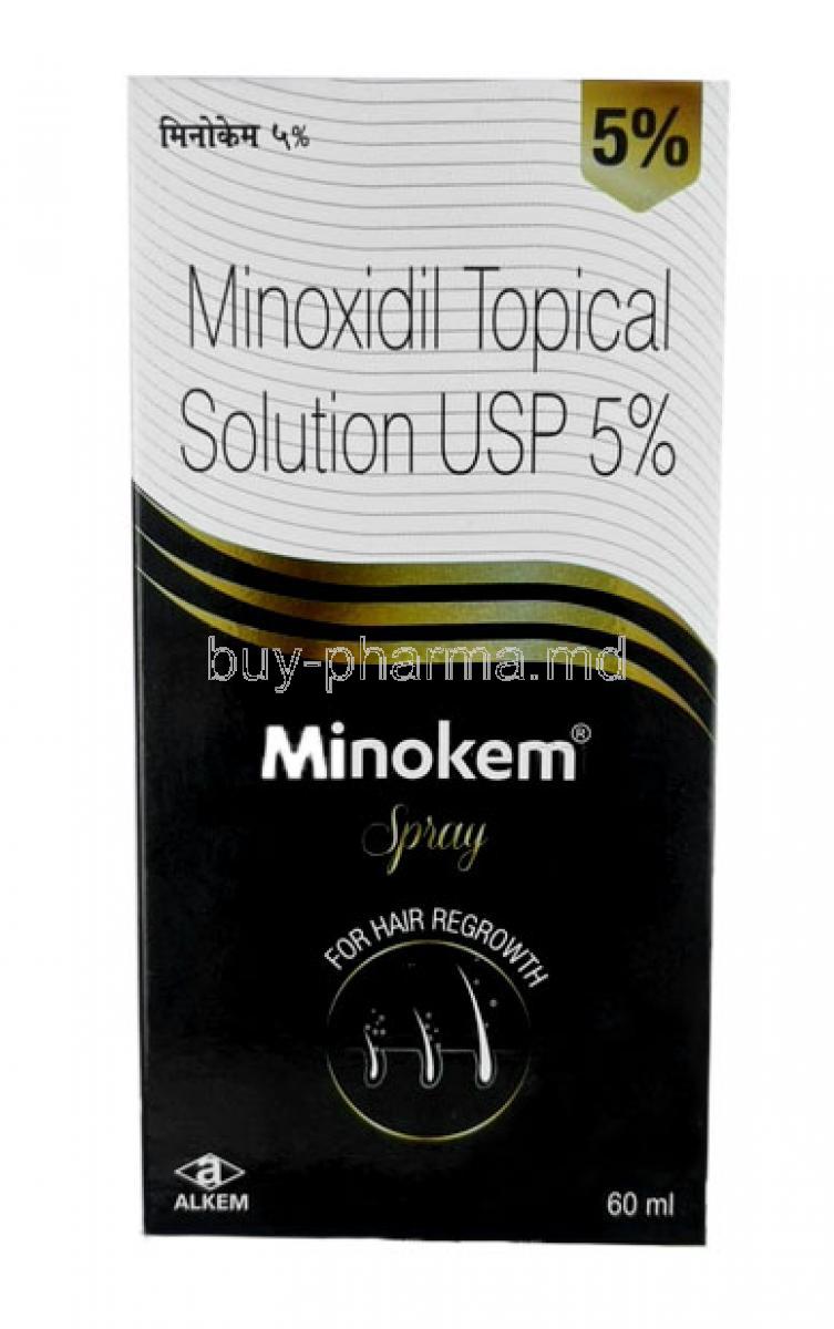 Minokem Spray, Minoxidil 5% w/v, Spray 60mL, Alkem Laboratories Ltd, Box front view
