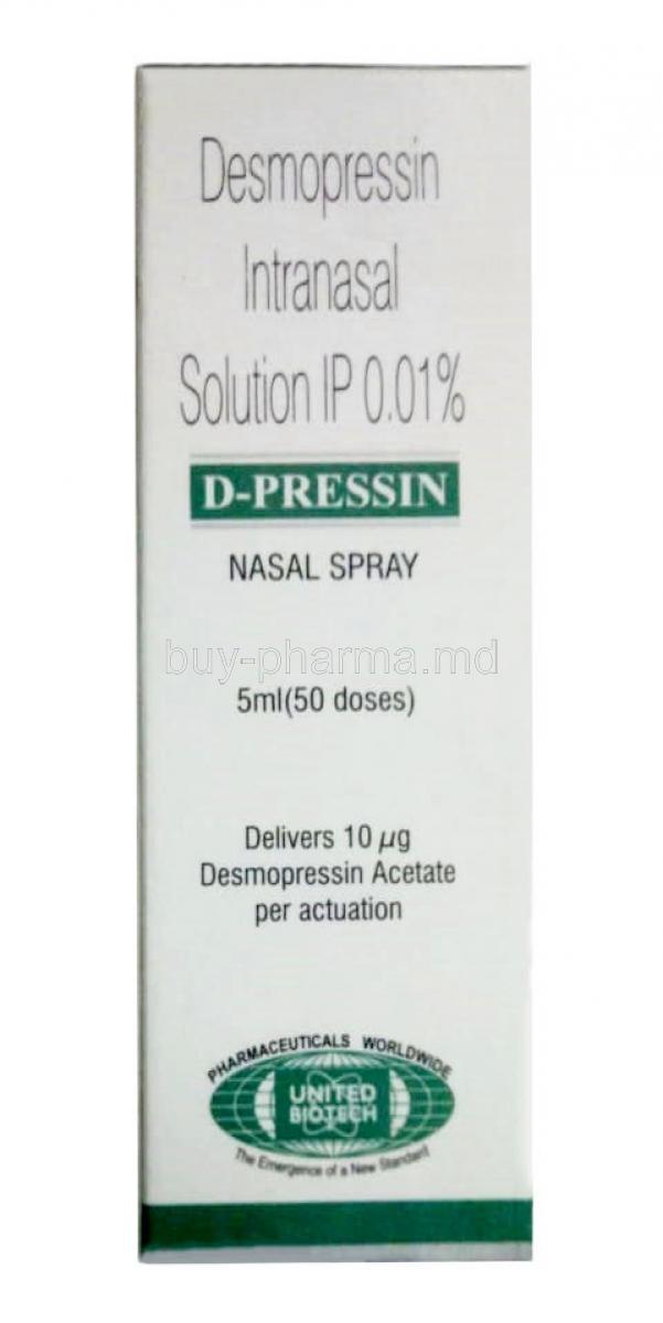 Dpressin Nasal Spray, Desmopressin 10 mcg per dose, Nasal Spray 5mL(50MD), United Biotech Pvt Ltd, Box front view