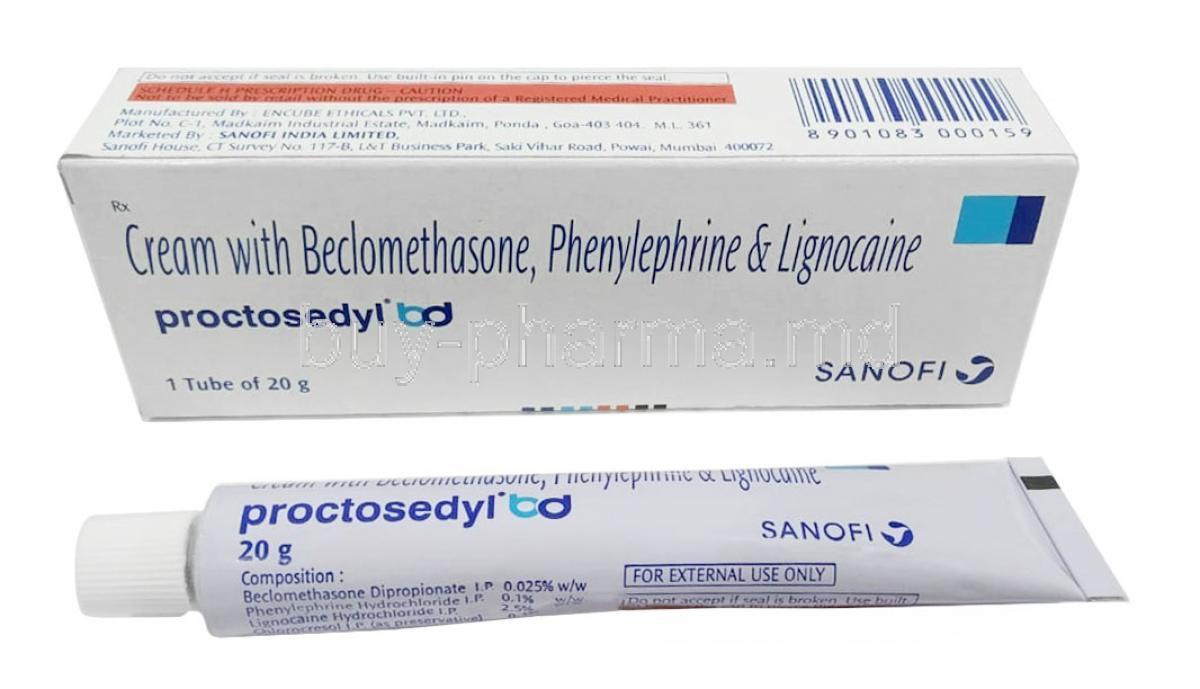 Proctosedyl BD Cream, Phenylephrine 0.10% ww / Beclometasone 0.025% ww / Lidocaine 2.50% ww, Cream 20g, Sanofi India, Box