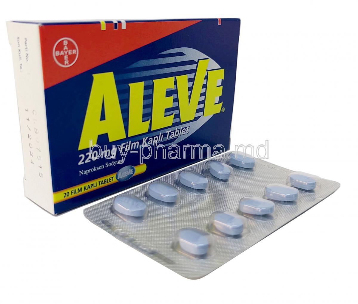 Aleve, Naproxen 220 mg, Bayer, Box, Blisterpack