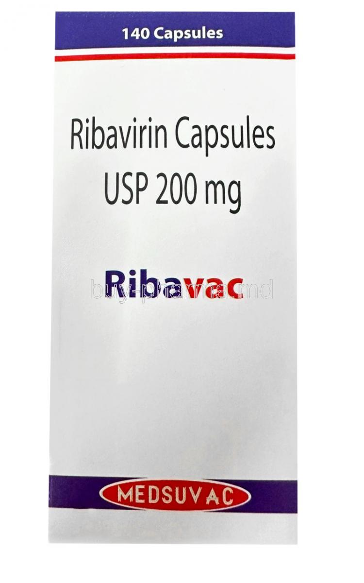 Ribavac, Ribavirin 200mg, 140caps, Medsuvac Lifesciences, Box front view