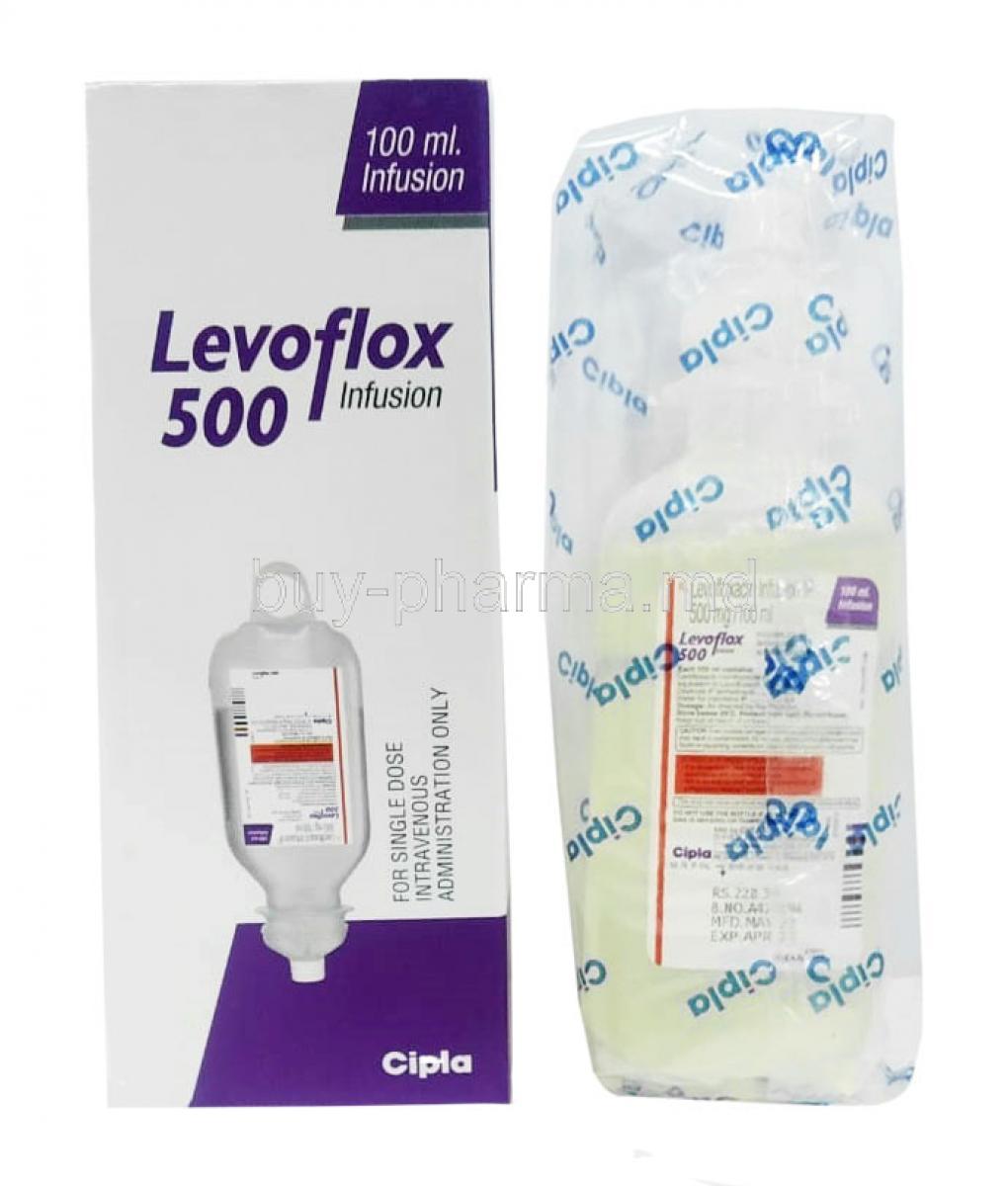 Levoflox Infusion, Levofloxacin 500mg, Infusion 100mL, Cipla Ltd, Box, Bottle