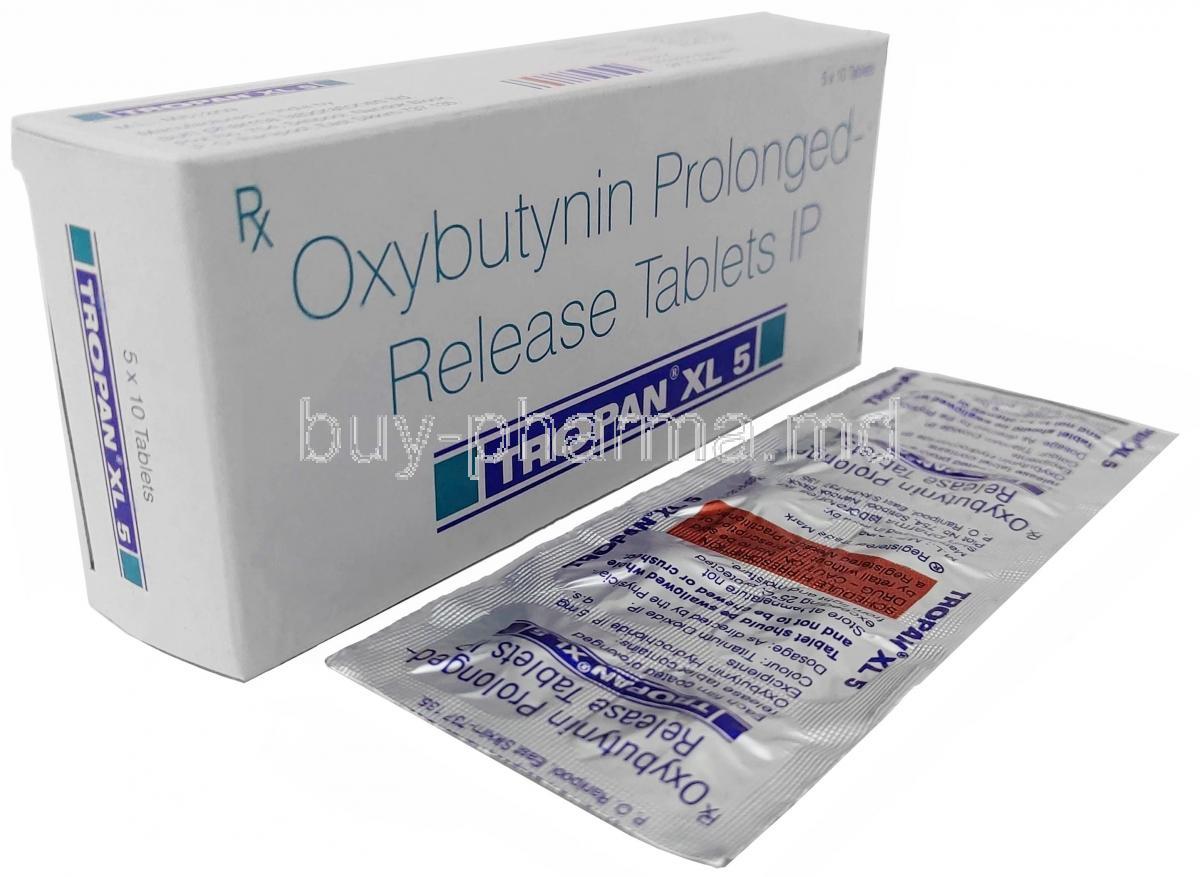 Tropan XL 5, Oxybutynin 5mg, Sun Pharma, Box, Sheet