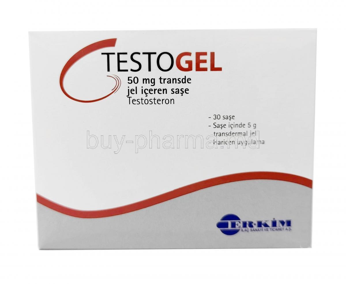 Testogel, Testosterone 50mg, 30 Sachets (5g), Besins International, Box front view