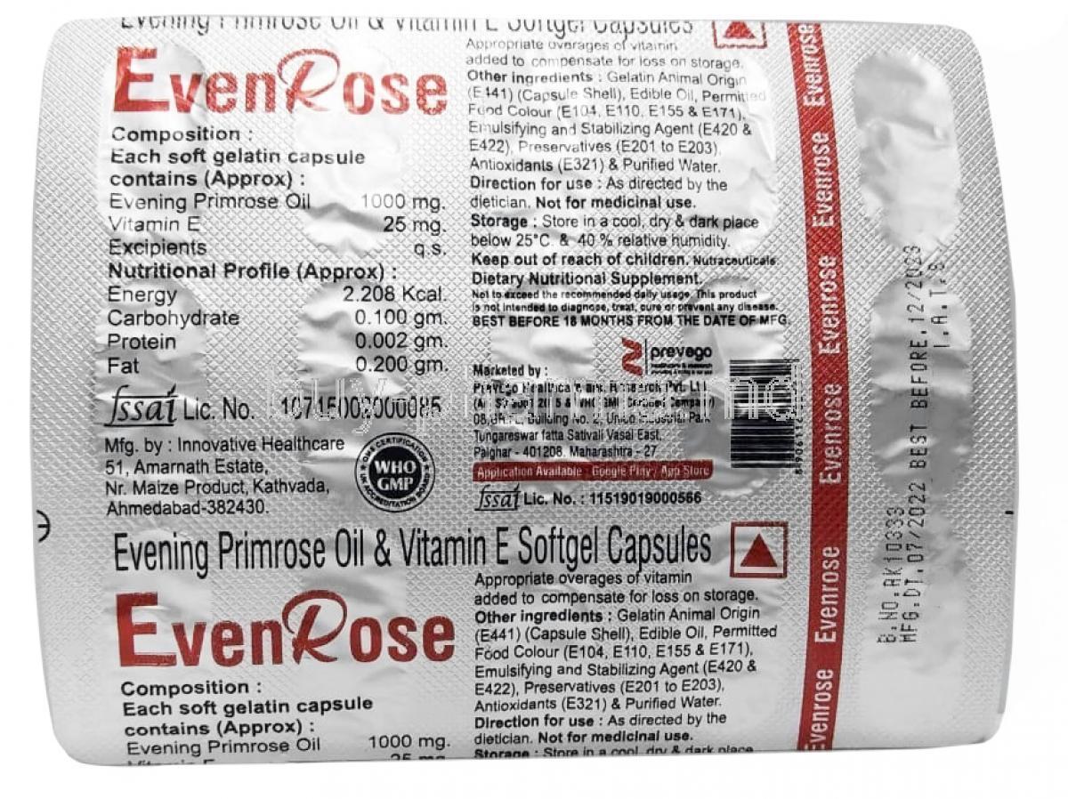 Even Rose, Evening Primrose Oil 1000mg, Softgel Capsule, Prevego Healthcare & Research Private Limited, Blisterpack information