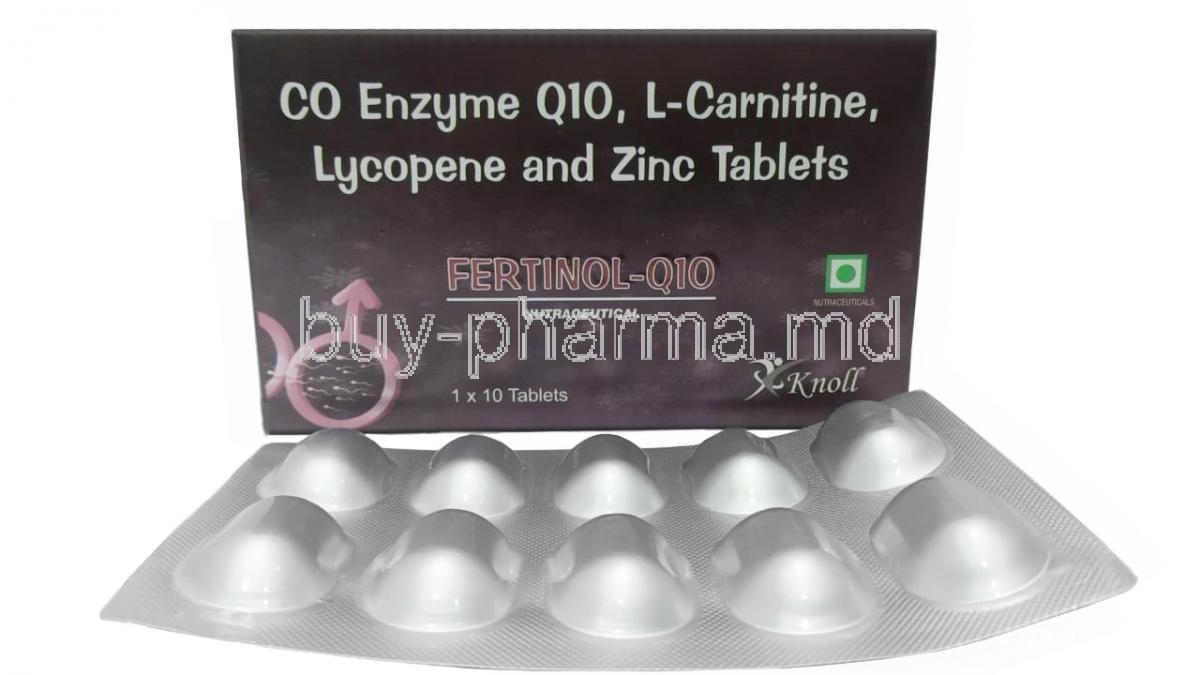 FERTINOL Q10,Coenzyme Q10 25 mg/ L-Carnitine 250 mg/ Lycopene 5000 mcg/ Zinc 12 mg, Knoll Heathcare Pvt Ltd, Box, Blisterpack