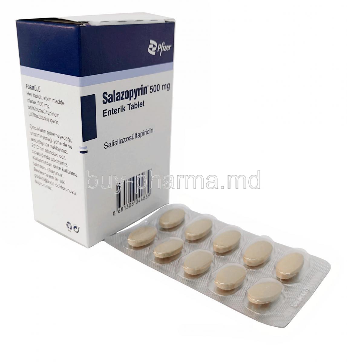 Salazopyrin, Sulfasalazine (Salazosulfapyridine) 500mg, Pfizer, Box, Blisterpack