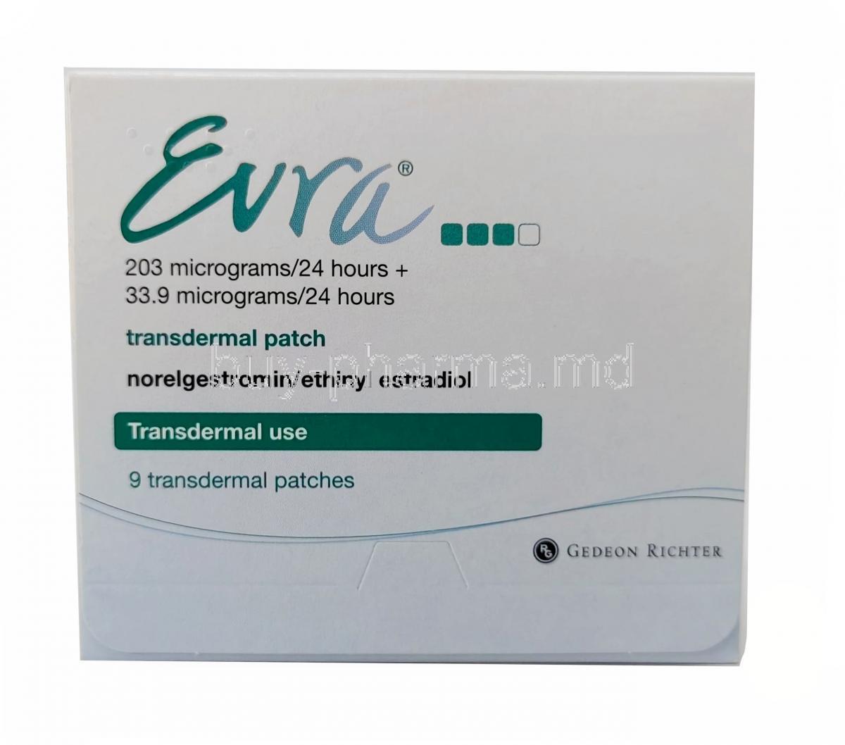 Evra Patches,Norelgestromin 6mg/ Ethinyl estradiol 600mcg, 9 Patches,Gedeon Richter Plc, Box front view