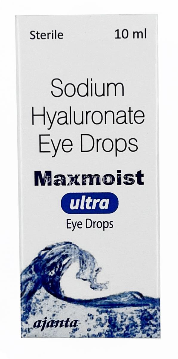 Maxmoist Ultra Eye drops, Sodium Hyaluronate 0.3% w/v, Eye Drops 10mL, Ajanta Pharma Limited, Box front view