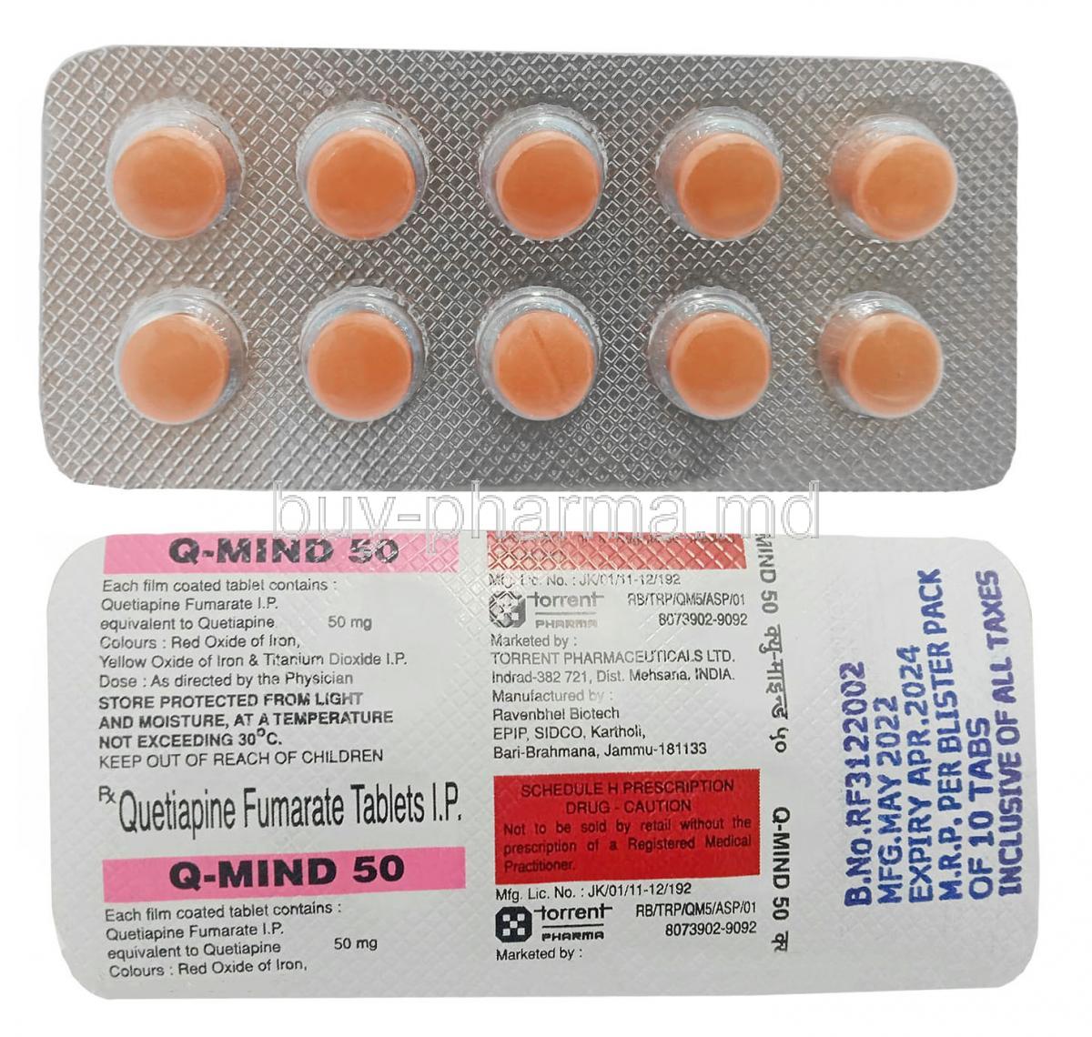 Q-Mind, Quetiapine 50 mg, Torrent Pharma, Blisterpack front and back view