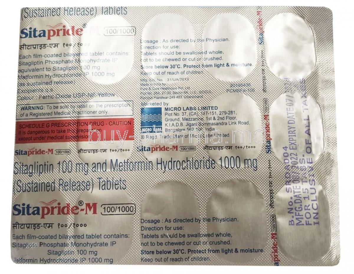 Sitapride M, Sitagliptin 100mg, Metformin 1000mg, 15 Tablet (SR), Micro Labs Ltd, Blisterpack information