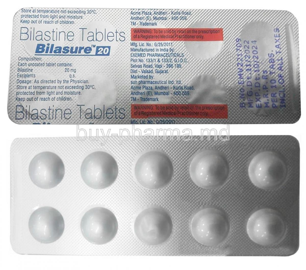 Bilasure 20, Bilastine 20 mg, Sun Pharmaceutical Industries, Blisterpack front view, back view