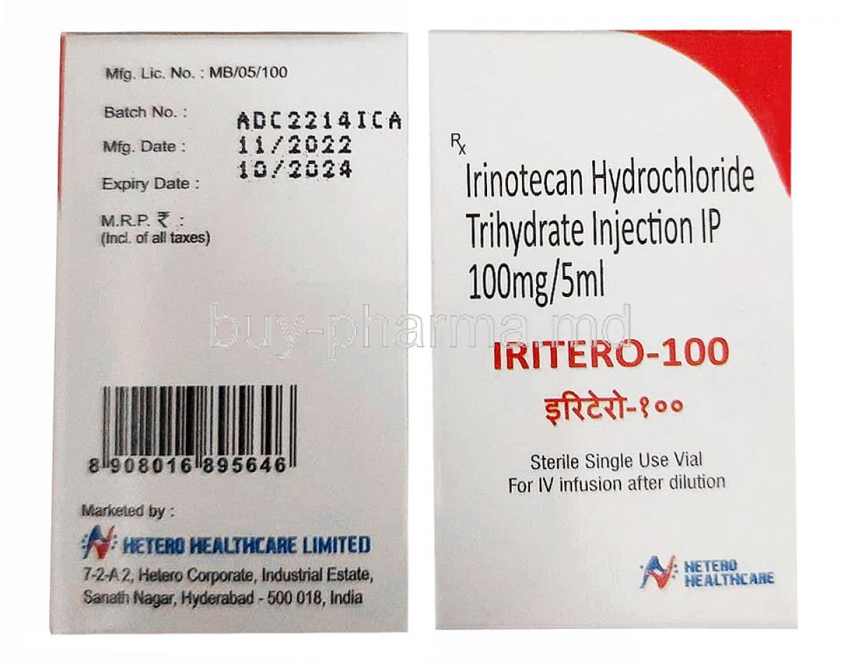 Iritero 100 Injection, Irinotecan 100 mg, Injection Vial Hetero Healthcare, Box