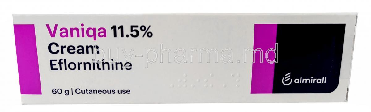 Vaniqa Cream, Eflornithine 11.5%, Cream 60g, Almirall Ltd, Box front view