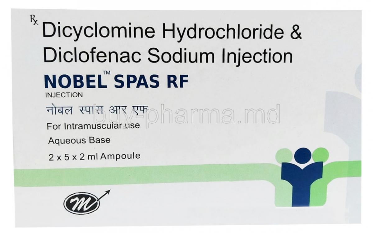 Nobel Spas RF Injection, Dicyclomine 10 mg/mL / Diclofenac 25 mg/mL, Injection vial 2mL, Mankind Pharma Ltd, Box front view