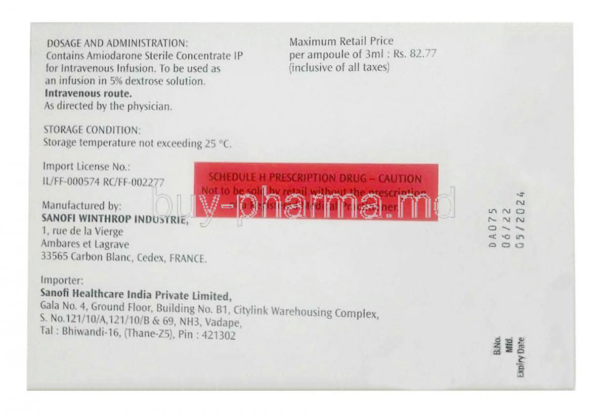 Cordarone Injection, Amiodarone 150 mg, 3mL X 6 vials, Sanofi India, Box information