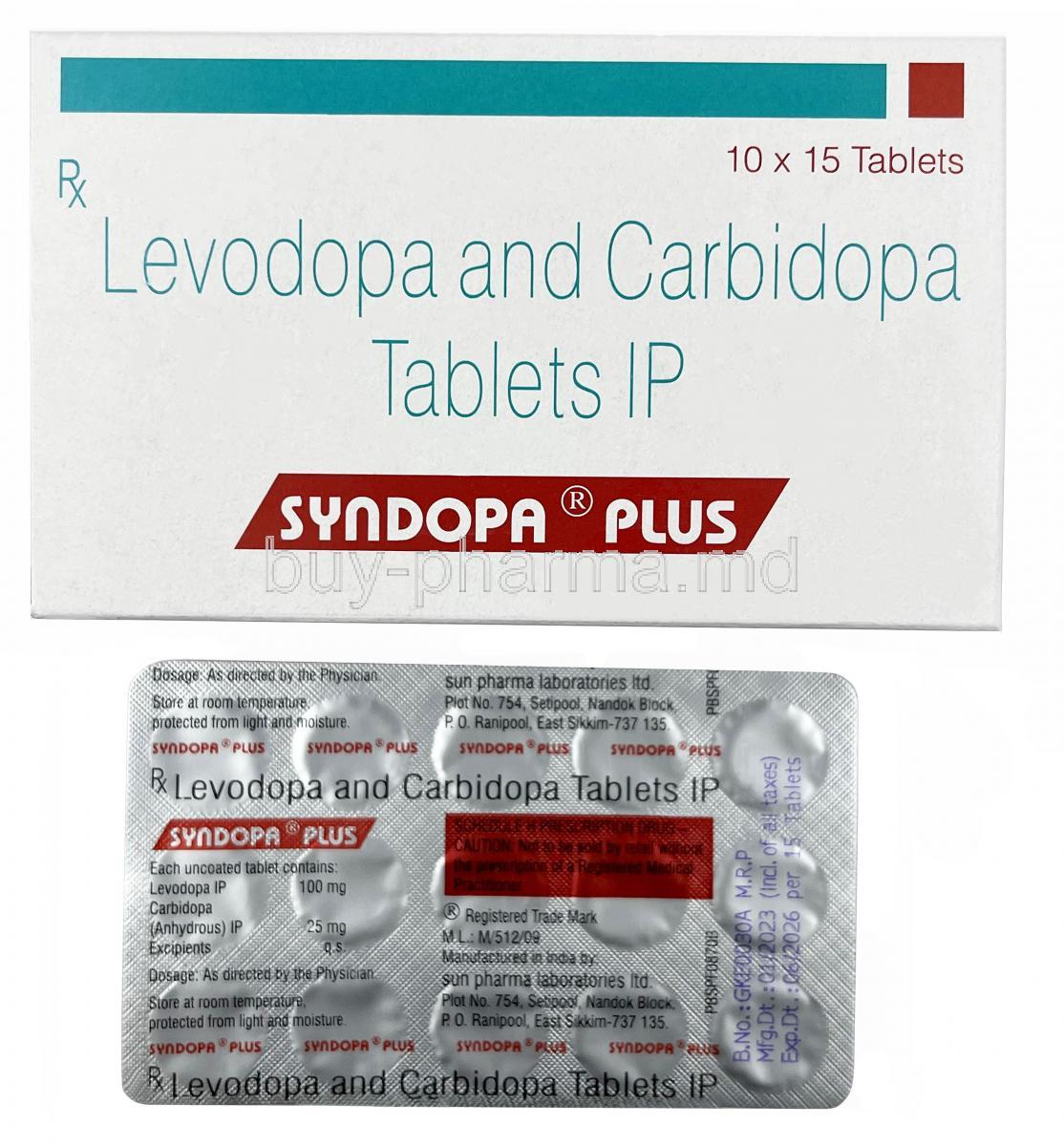 Syndopa Plus,Levodopa 100 mg / Carbidopa 25 mg, Sun Pharma, Box, Blisterpack