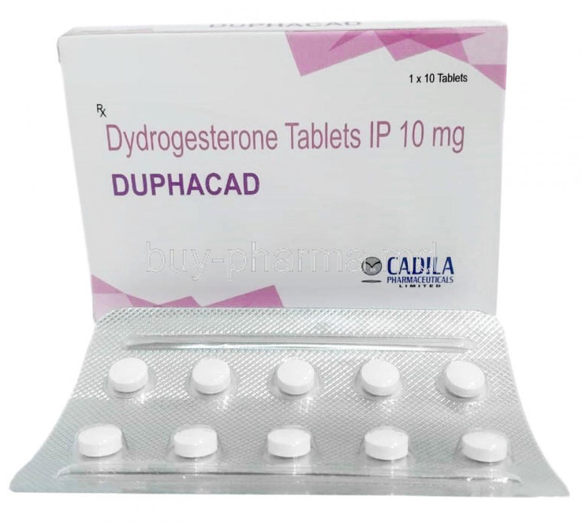 Duphacad, Dydrogesterone 10mg, Cadila Pharmaceuticals Ltd, Box front view, Blisterpack
