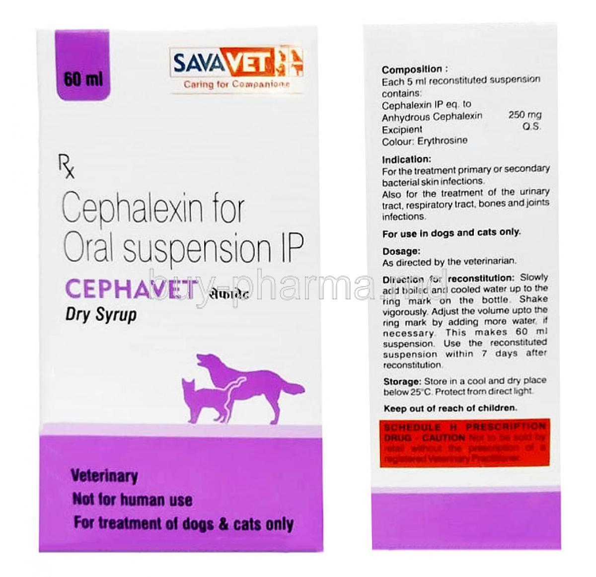 Cephavet Dry Syrup, Cephalexin　250 mg per 5mL, Dry Syrup 60mL, Sava Vet, Box, front view, Back view information