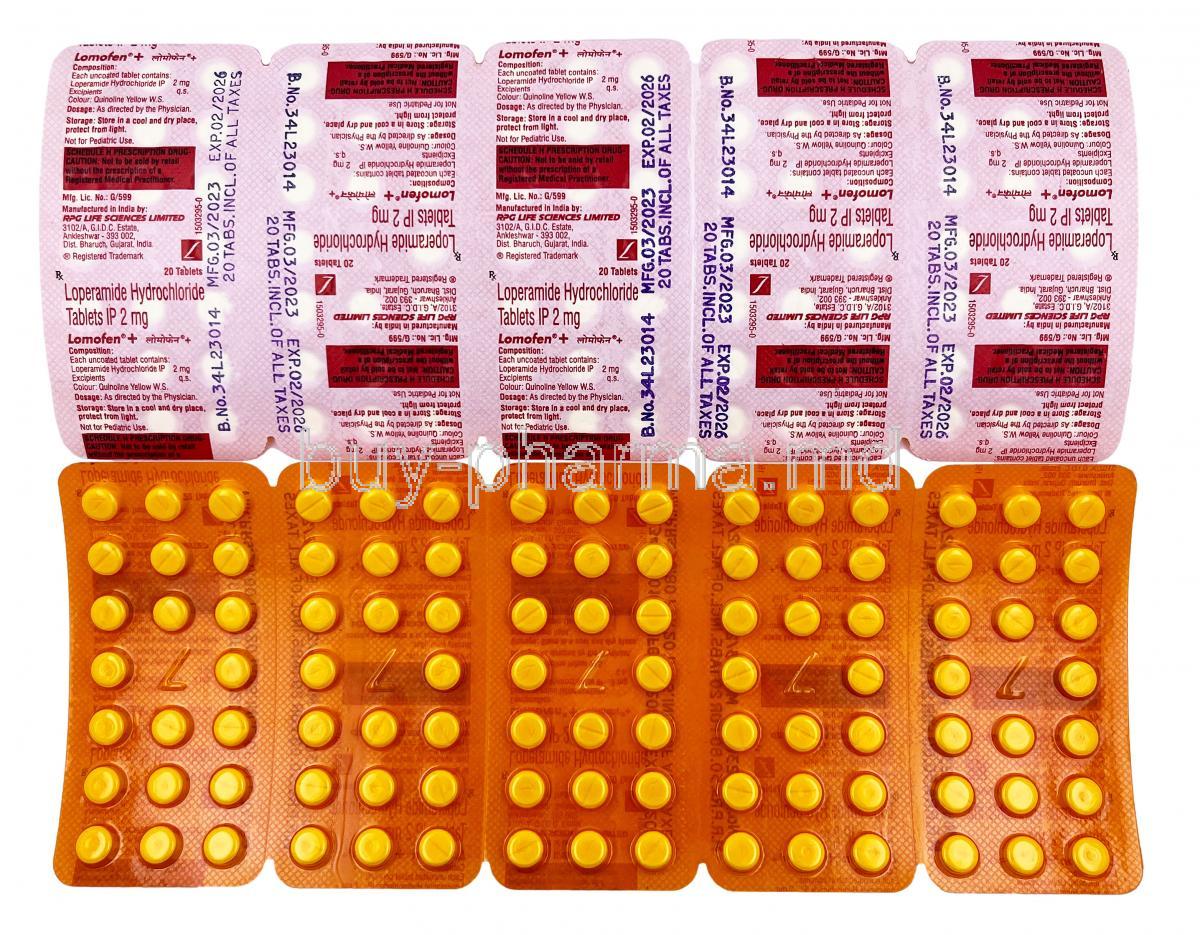 Lomofen Plus, Loperamide 2 mg, 20tablets X 10 sheets, RPG Life Sciences Ltd, Blisterpack