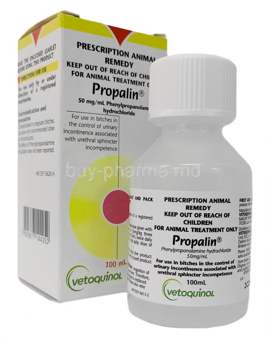 Propalin Syrup, Phenylpropanolamine 50mg/mL, Syrup 100mL, Vetoquinol Australia Pty Ltd, Box, Bottle