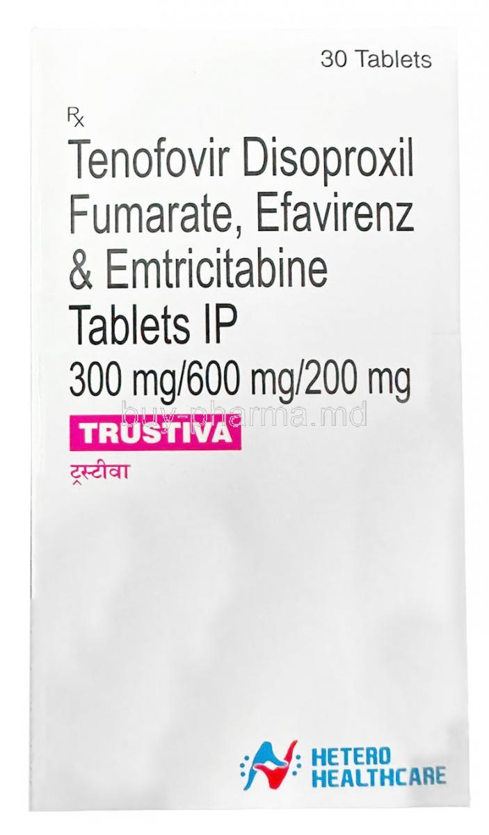 Trustiva, Emtricitabine 200 mg/ Tenofovir disoproxil fumarate 300 mg/ Efavirenz 600 mg, 30tablets, Hetero Drugs, Box front view