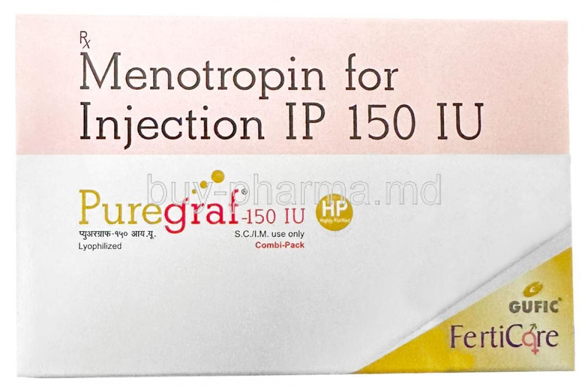 Puregraf Injection, Menotrophin 150IU,Gufic Bioscience Ltd, Box front view